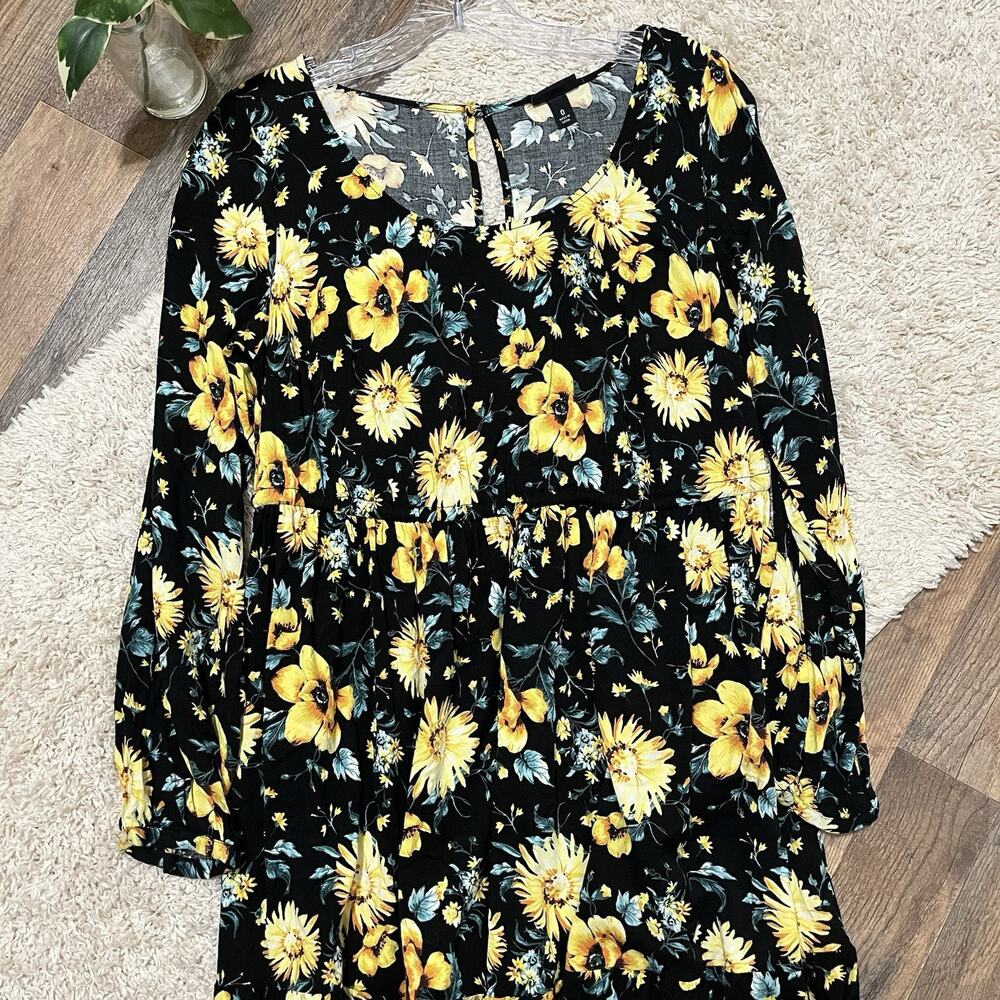 Torrid Size 0X Black Yellow Floral Drawstring Shirred Skater Challis Mini Dress - Picture 3 of 7